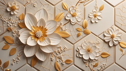Elegant pattern of multiple 3D white and gold flowers on textured hexagonal cream tiles