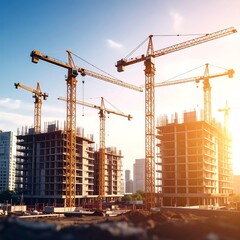 Sunlit cityscape construction site with multiple cranes and high-rise buildings under construction