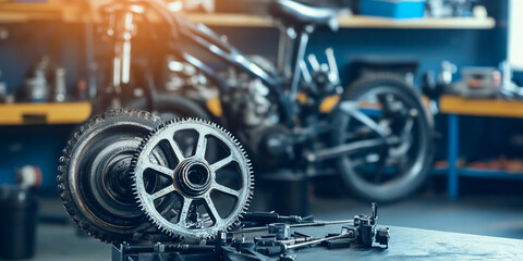 Fototapeta premium Metal gear wheel displayed on workbench in workshop Generative AI