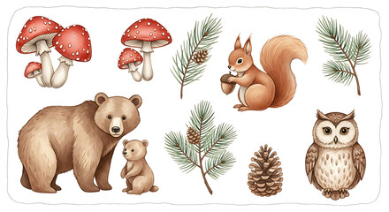 Obraz premium Watercolor Forest Animals and Elements Illustration Set.