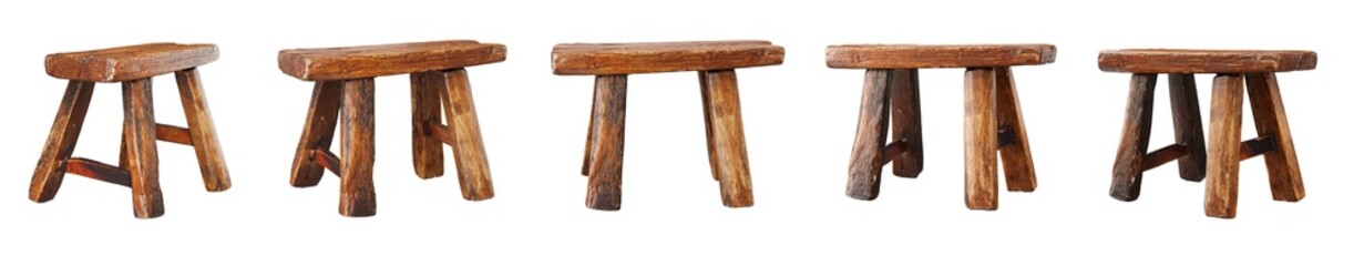 Vintage rustic wooden stool set isolated on transparent background. 3D render.