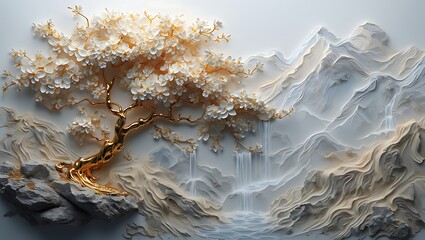 Luxurious Golden Tree with White Blossoms on Rocks Overlooking Serene 3D Mountain Waterfalls