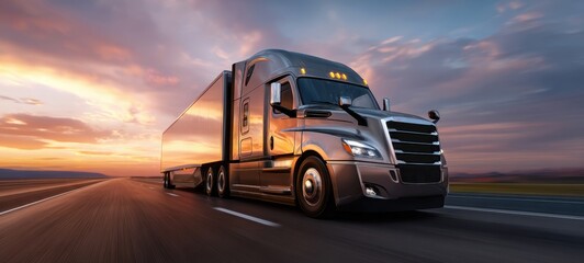 The sleek truck cruising down the highway at sunset during golden hour.