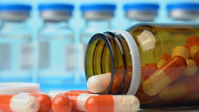 Overturned Amber Pill Bottle with Orange and White Capsules on Blue Background