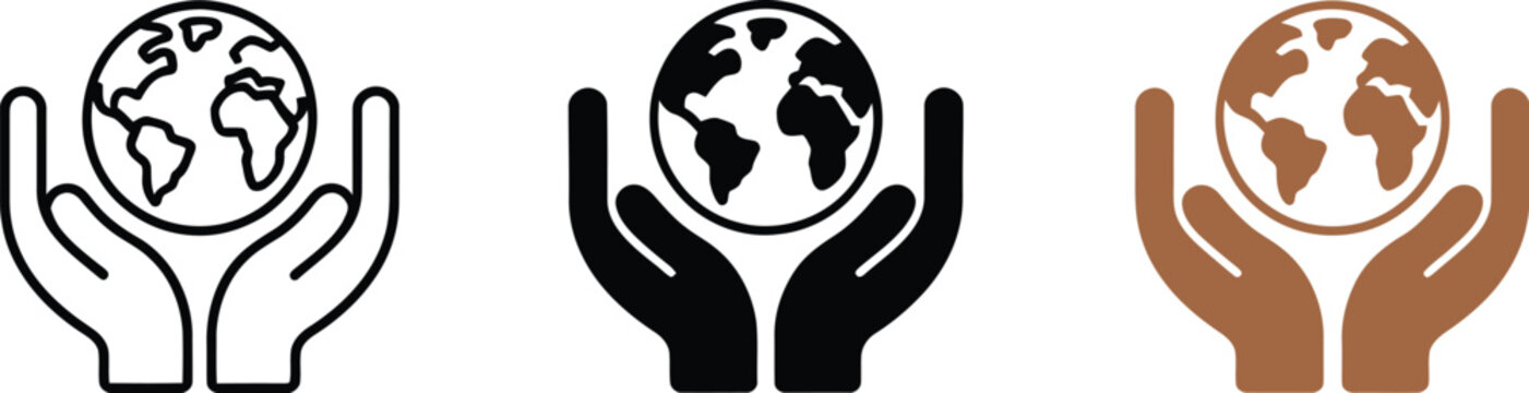 Three illustrations of hands holding the earth in black white and brown on a white background