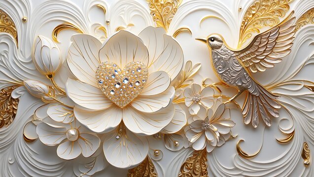 Opulent 3D white and gold floral relief with a heart-shaped diamond flower and an elegant golden bird.