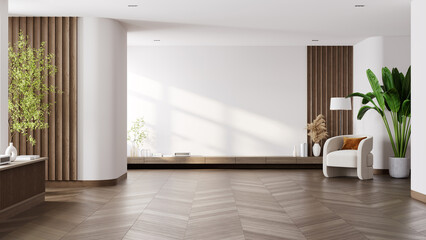 Modern Interior with Natural Elements: A beautifully lit modern interior showcases a harmonious blend of natural elements. This design has wooden accents.