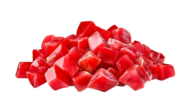 Red jelly cubes arranged playfully on a white background