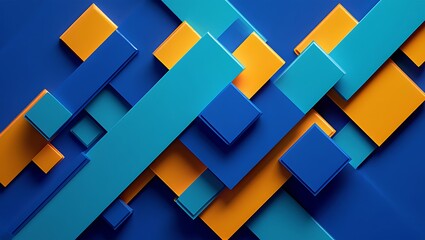 Dynamic abstract composition of sharp blue, teal, and vibrant orange geometric blocks creating a modern 3D background.