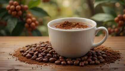 A steaming cup of coffee surrounded by roasted beans and powder, set on a wooden table with a natural background of vibrant green coffee plants.