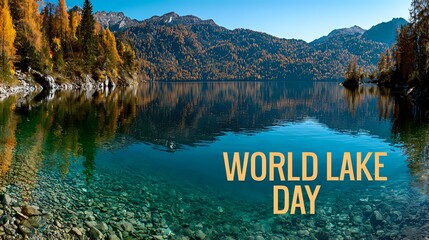 Crystal-clear mountain lake surrounded by glowing autumn trees, vibrant World Lake Day text floating above reflective waters under clear skies