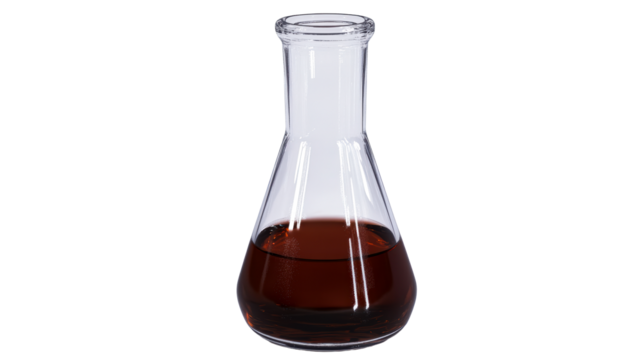 Laboratory flask containing brown liquid on transparent background