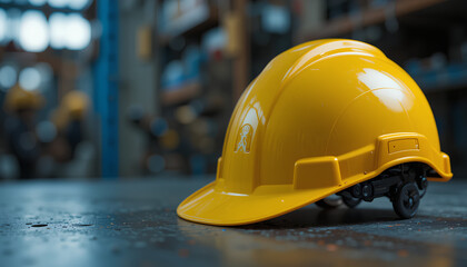 Yellow safety helmet placed on a metallic surface in a workshop setting, symbolizing safety, construction, and industrial work. The blurred background enhances the focus on the helmet.