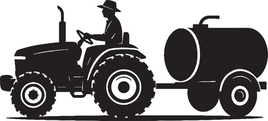 Tractor with Water Tanker in Action on Isolated White Background black and white silhouette