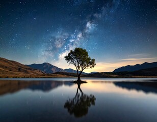 Fototapeta premium Solitary tree reflected in still water under a vibrant Milky Way
