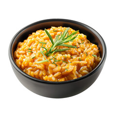 Orange Risotto with Rosemary Garnished in a Black Bowl on Transparent Background