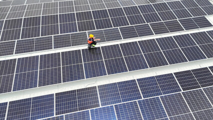 Worker conducts maintenance on solar panels in an expansive solar farm during daylight hours