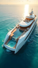 Obraz premium A breathtaking cinematic drone capture showcasing an ultra-luxury white superyacht gliding effortlessly across crystal-clear turquoise waters