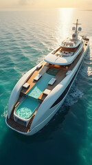Obraz premium A breathtaking cinematic drone capture showcasing an ultra-luxury white superyacht gliding effortlessly across crystal-clear turquoise waters