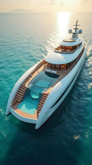 Obraz premium A breathtaking cinematic drone capture showcasing an ultra-luxury white superyacht gliding effortlessly across crystal-clear turquoise waters