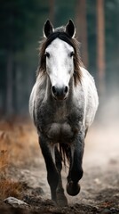 Obraz premium Majestic gray horse running through a misty forest path in early morning light
