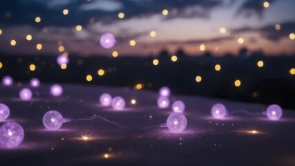 Purple globe lights on snowy ground at sunset - Powered by Adobe