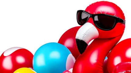 Flamingo pool float in sunglasses surrounded by colorful balls
