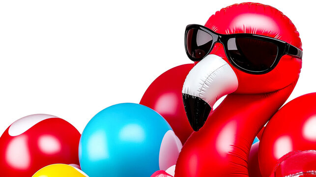 Flamingo pool float in sunglasses surrounded by colorful balls