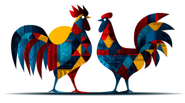 Two Roosters with Colorful Geometric Patterns Facing Each Other