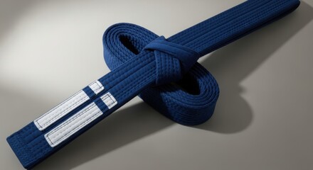 Dark blue karate belt with white stripes isolated on white background