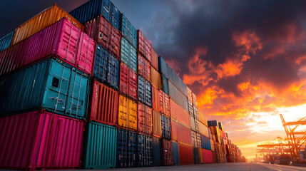 Vibrant Sunset Over Stacked Cargo Containers at a Busy Port with Dramatic Sky