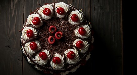 Photo of black forest cake with cherries and cream