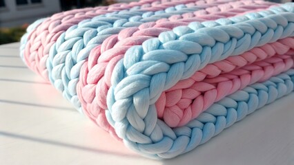 Obraz premium Chunky knit blanket pink blue soft texture image