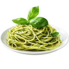 Delicious Spaghetti Pesto with Fresh Basil Leaves, a Classic Italian Dish, Perfect for Restaurant Menus and Food Blogs on transparent background