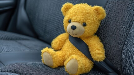 A bright yellow teddy bear sits securely buckled in a car seat, highlighting the importance of safety while traveling. The interior is modern, with a focus on the bear