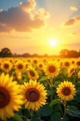 Fototapeta premium Golden hour sunlight bathes a vibrant yellow field of sunflowers, creating a breathtaking scene of natural beauty and warmth Perfect for summer, nature, and growth themes , nature, optimism, floral