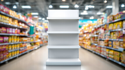 Empty Retail Shelf in Supermarket Aisle with Colorful Merchandise Background for Display Purposes