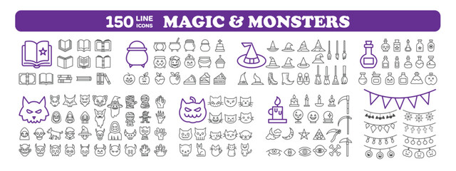Magic and monster line icon set for Halloween. 150 Minimal outline elements on transparent background