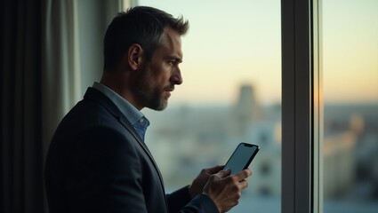 Man looking out the window while holding a smartphone in suit