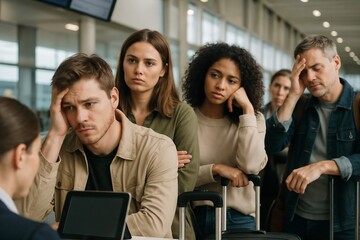 tired people stand in line at the airport