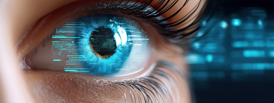 Futuristic Blue Eye with Digital Technology Elements and Data Streaming Background