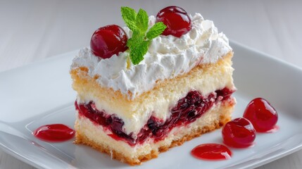 A tempting slice of cherry cream cake is elegantly presented on a white plate, topped with whipped cream and cherries. This dessert is perfect for celebrations or casual gatherings