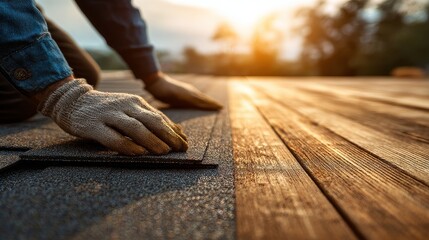 Roof repair close-up with asphalt shingles, professional roofer installing shingles, roof repair construction rooftop