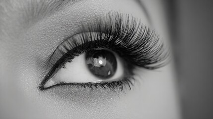 Black and white close-up of an eye with long, thick eyelashes, showcasing natural lash texture and elegant makeup details that highlight inherent beauty in every lash strand.