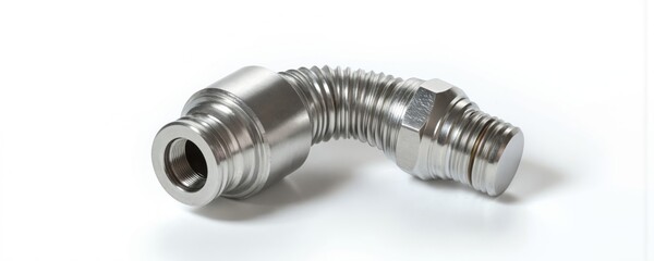 Polished metal flexible connector with threaded ends. Durable fitting joins pipes tubes in industrial, plumbing, automotive systems. Bendable design allows for complex installations, featuring