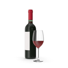 Red Wine Bottle with Blank Label and Filled Glass Isolated on Transparent Background