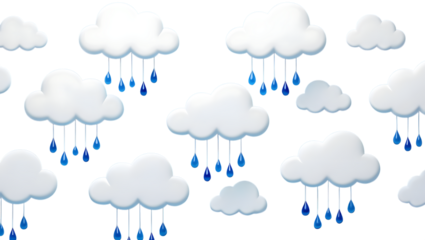 Seamless pattern of cute cartoon clouds with blue raindrops isolated on transparent background, creating a whimsical and dreamy atmosphere, perfect for childrens designs and weatherthemed projects