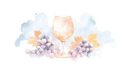 Watercolor Wine Elegance, a gentle portrayal of a wine glass with grapevines and grapes, celebrating National Drink Wine Day on a clean backdrop