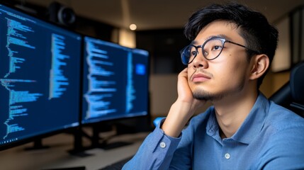 Innovative software developer crafting a cutting-edge application, dynamic code snippets displayed on screen, focused and engaged in work