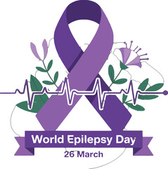 Fototapeta premium World Epilepsy Day illustration with purple ribbon and heartbeat line epilepsy awareness
